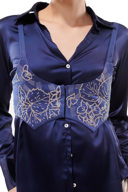 Maenaam_Blue Satin Beads Collared Sapphire Saeng Bodice Shirt_at_Aza_Fashions