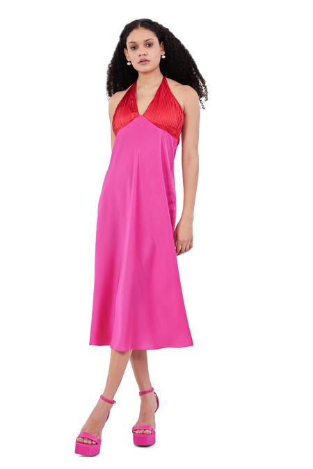 Maenaam_Pink Satin Fabric Flowers Halter Neck Color-block Midi Dress_Online_at_Aza_Fashions