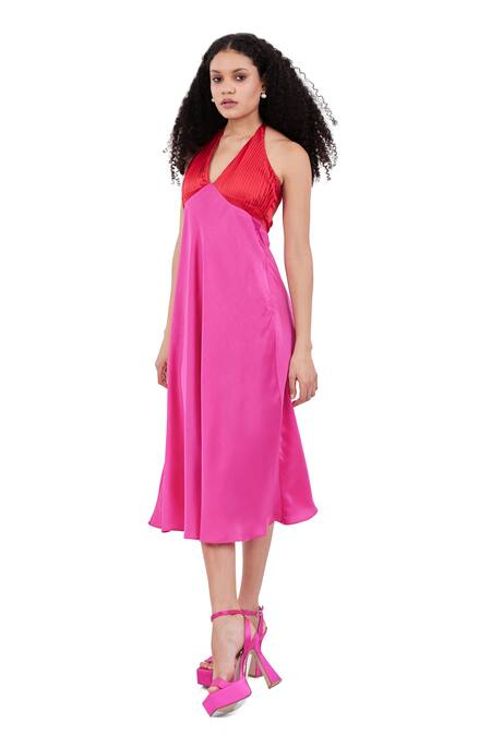 Buy_Maenaam_Pink Satin Fabric Flowers Halter Neck Color-block Midi Dress_Online_at_Aza_Fashions