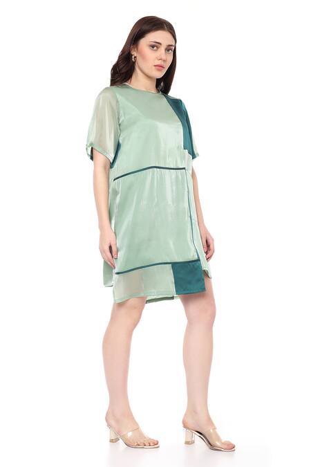 Shop_Maenaam_Green Organza Round Neck Color Block Oversized Shift Dress_Online_at_Aza_Fashions