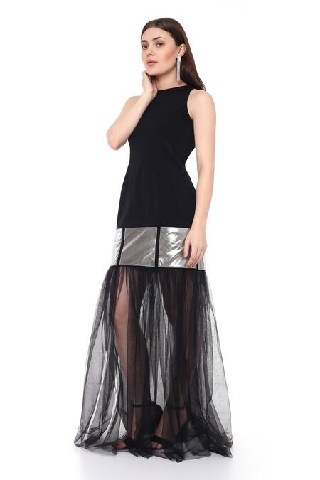 Buy_Maenaam_Black Polyester Round Neck Lana Sleeveless Gown With Tulle Flared Bottom _Online_at_Aza_Fashions