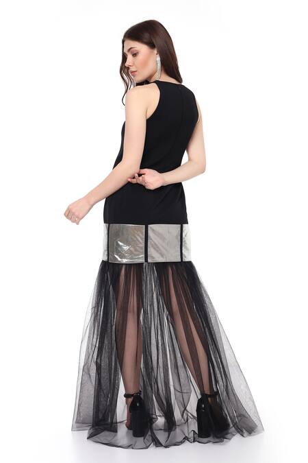 Shop_Maenaam_Black Polyester Round Neck Lana Sleeveless Gown With Tulle Flared Bottom _at_Aza_Fashions