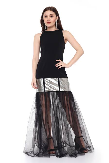 Shop_Maenaam_Black Polyester Round Neck Lana Sleeveless Gown With Tulle Flared Bottom _Online_at_Aza_Fashions