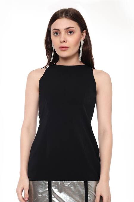 Maenaam_Black Polyester Round Neck Lana Sleeveless Gown With Tulle Flared Bottom _at_Aza_Fashions
