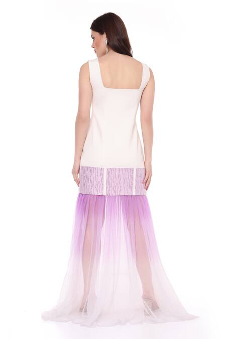 Shop_Maenaam_Ivory Polyester Embroidery Square Neck Lana Ombre Gown_at_Aza_Fashions