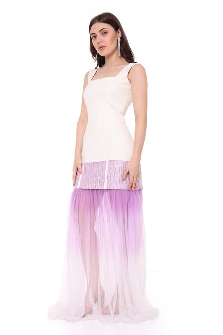 Buy_Maenaam_Ivory Polyester Embroidery Square Neck Lana Ombre Gown_Online_at_Aza_Fashions