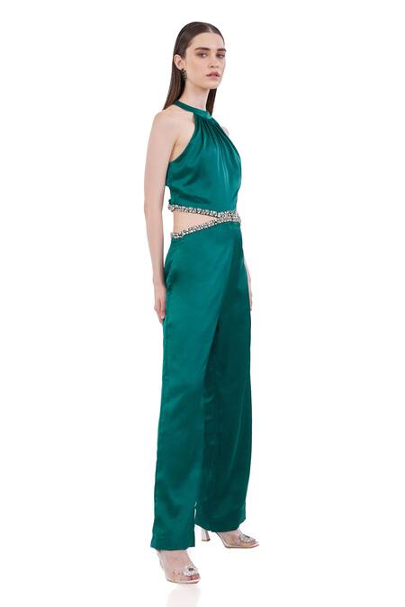 Maenaam_Green Satin Beads Halter Neck Hand-embellished Portia Jumpsuit_Online_at_Aza_Fashions