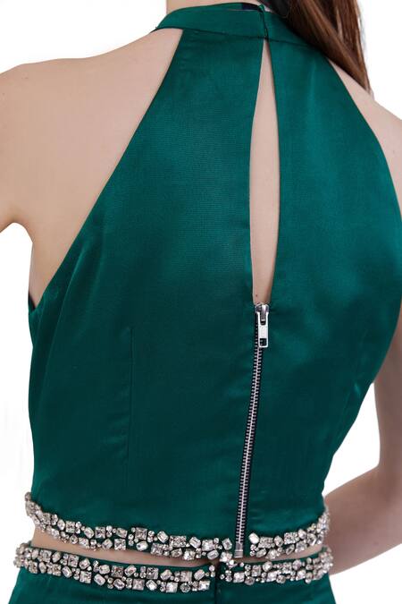 Buy_Maenaam_Green Satin Beads Halter Neck Hand-embellished Portia Jumpsuit_Online_at_Aza_Fashions