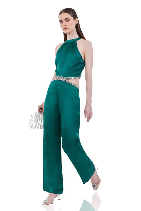 Shop_Maenaam_Green Satin Beads Halter Neck Hand-embellished Portia Jumpsuit_Online_at_Aza_Fashions