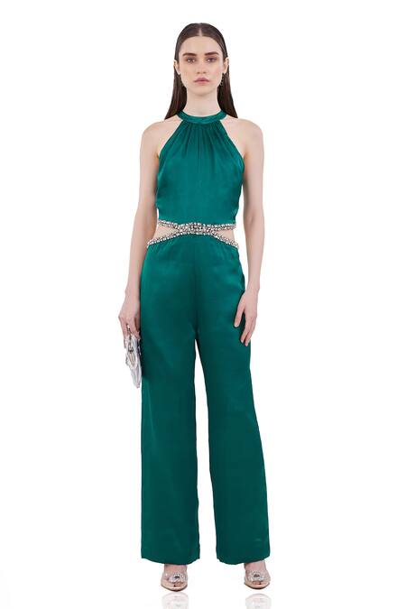 Buy_Maenaam_Green Satin Beads Halter Neck Hand-embellished Portia Jumpsuit