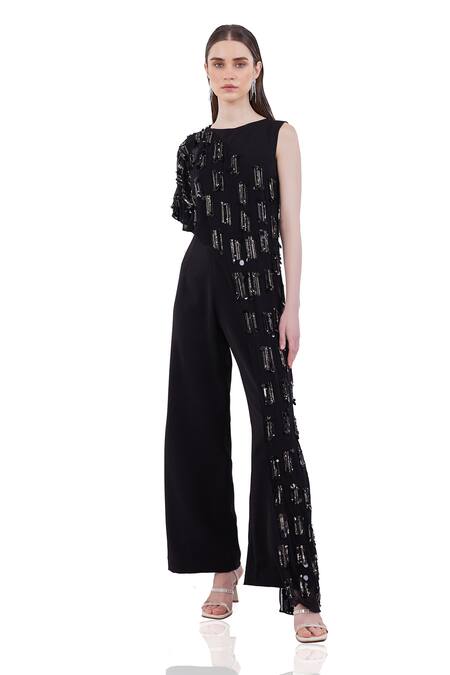 Maenaam_Black Polyester Beads, Sequins Round Neck Arabella Cape Jumpsuit_Online_at_Aza_Fashions