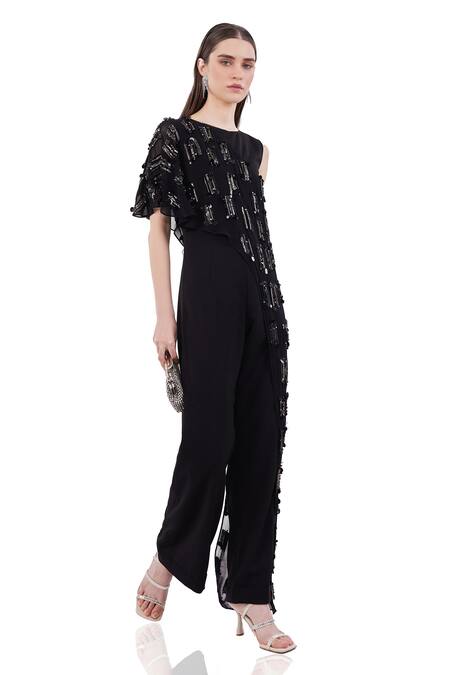 Buy_Maenaam_Black Polyester Beads, Sequins Round Neck Arabella Cape Jumpsuit_Online_at_Aza_Fashions