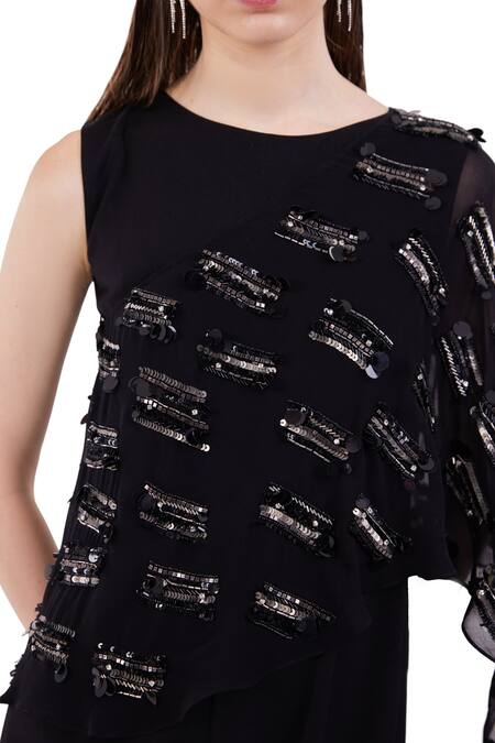 Shop_Maenaam_Black Polyester Beads, Sequins Round Neck Arabella Cape Jumpsuit_Online_at_Aza_Fashions