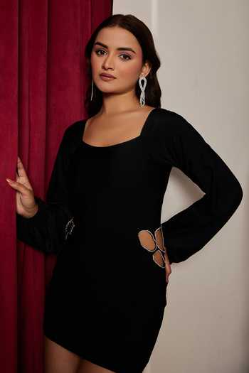 Buy Black Polyester Square Neck Chic Bodycon Mini Dress With Cut-outs For  Women by Maenaam Online at Aza Fashions.