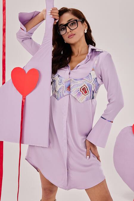 Shop_Maenaam_Purple Satin Beads, Sequins Collared, Round Neck Lucy Saeng Shirt Dress_Online_at_Aza_Fashions
