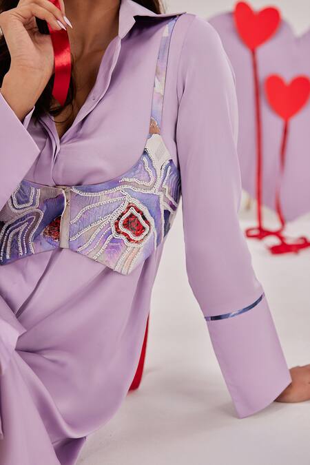 Maenaam_Purple Satin Beads, Sequins Collared, Round Neck Lucy Saeng Shirt Dress_at_Aza_Fashions