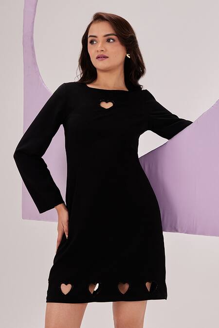 Maenaam Black Crepe Round Neck Warisa Full Sleeve Mini Dress Online at Aza Fashions Maenaam_Black Crepe Round Neck Warisa Full Sleeve Mini Dress_Online_at_Aza_Fashions