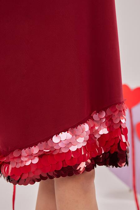 Maenaam Red Crepe Sequins V-neck Intira A-line Dress Online at Aza Fashions Maenaam_Red Crepe Sequins V-neck Intira A-line Dress_Online_at_Aza_Fashions