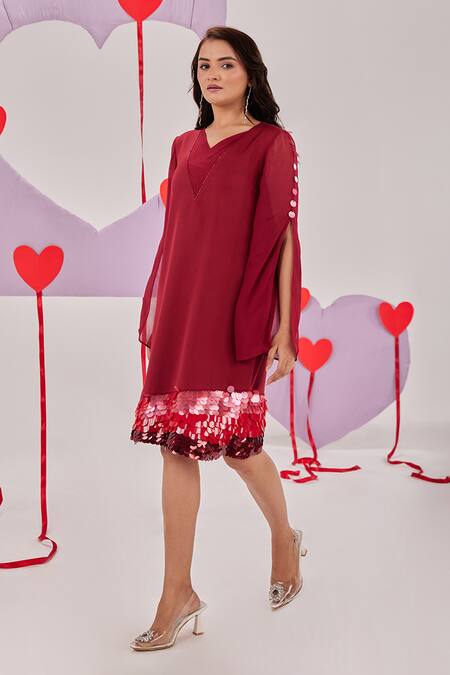 Shop Maenaam Red Crepe Sequins V-neck Intira A-line Dress Online at Aza Fashions Shop_Maenaam_Red Crepe Sequins V-neck Intira A-line Dress_Online_at_Aza_Fashions