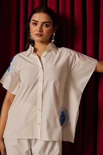 Maenaam_White Poplin Beads, Embroidery Collared Hand-beaded Kaftan Shirt_Online_at_Aza_Fashions