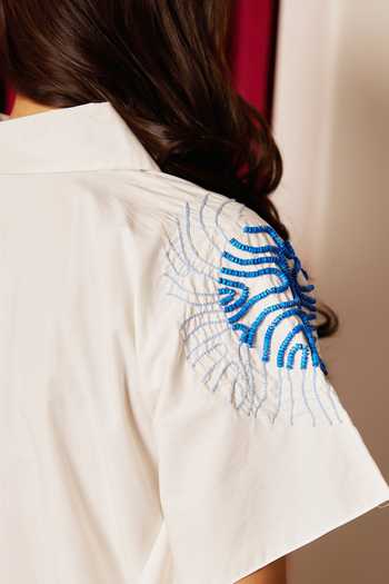 Buy_Maenaam_White Poplin Beads, Embroidery Collared Hand-beaded Kaftan Shirt_Online_at_Aza_Fashions
