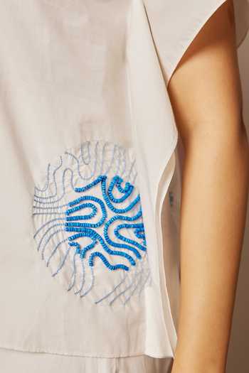 Shop_Maenaam_White Poplin Beads, Embroidery Collared Hand-beaded Kaftan Shirt_Online_at_Aza_Fashions
