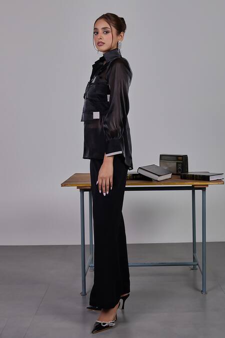 Maenaam_Black Organza Applique Collared Ebony Faye Bodice Top_Online_at_Aza_Fashions