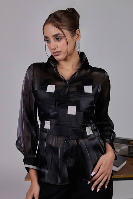 Buy_Maenaam_Black Organza Applique Collared Ebony Faye Bodice Top_Online_at_Aza_Fashions