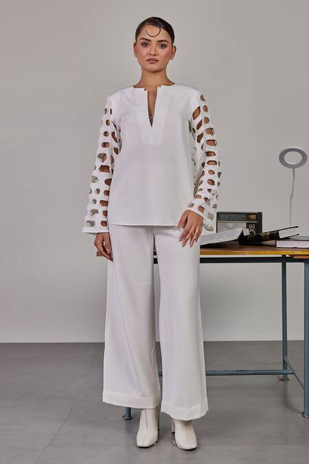 Maenaam_Ivory Crepe V-neck Nora Cut Out Top_Online_at_Aza_Fashions