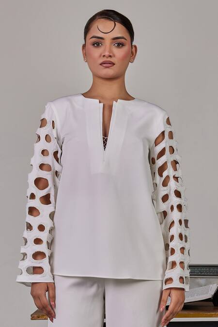 Buy_Maenaam_Ivory Crepe V-neck Nora Cut Out Top_Online_at_Aza_Fashions