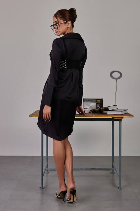 Shop Maenaam Black Satin Studs Button-down , Sweetheart Studded Shirt Dress at Aza Fashions Shop_Maenaam_Black Satin Studs Button-down , Sweetheart Studded Shirt Dress_at_Aza_Fashions