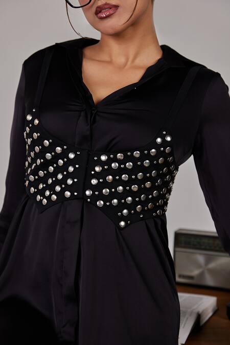 Maenaam Black Satin Studs Button-down , Sweetheart Studded Shirt Dress at Aza Fashions Maenaam_Black Satin Studs Button-down , Sweetheart Studded Shirt Dress_at_Aza_Fashions