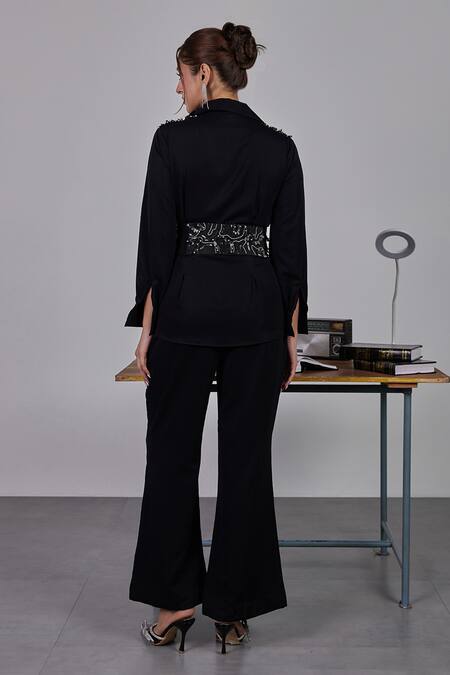 Shop Maenaam Black Polyester Embroidery, Beads, Sequins Embellished Shoulder Belted Shirt at Aza Fashions Shop_Maenaam_Black Polyester Embroidery, Beads, Sequins Embellished Shoulder Belted Shirt_at_Aza_Fashions