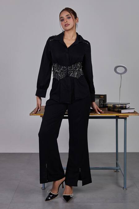Maenaam Black Polyester Embroidery, Beads, Sequins Embellished Shoulder Belted Shirt Online at Aza Fashions Maenaam_Black Polyester Embroidery, Beads, Sequins Embellished Shoulder Belted Shirt_Online_at_Aza_Fashions