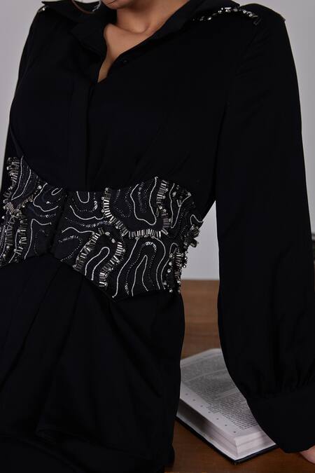 Buy Maenaam Black Polyester Embroidery, Beads, Sequins Embellished Shoulder Belted Shirt Online at Aza Fashions Buy_Maenaam_Black Polyester Embroidery, Beads, Sequins Embellished Shoulder Belted Shirt_Online_at_Aza_Fashions
