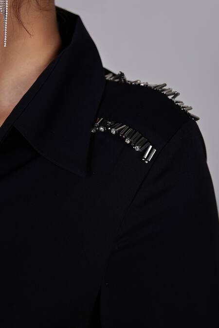Shop Maenaam Black Polyester Embroidery, Beads, Sequins Embellished Shoulder Belted Shirt Online at Aza Fashions Shop_Maenaam_Black Polyester Embroidery, Beads, Sequins Embellished Shoulder Belted Shirt_Online_at_Aza_Fashions