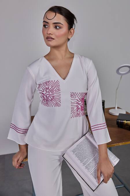 Buy_Maenaam_Ivory Polyester Embroidery V-neck Hope Full Sleeve Top_Online_at_Aza_Fashions