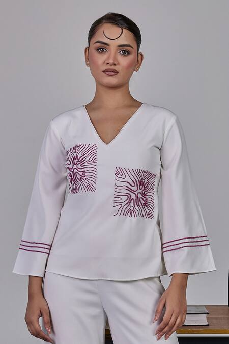 Shop_Maenaam_Ivory Polyester Embroidery V-neck Hope Full Sleeve Top_Online_at_Aza_Fashions