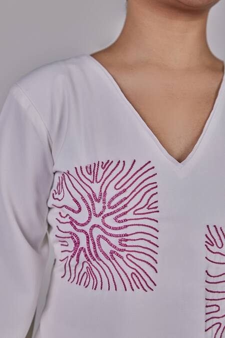 Maenaam_Ivory Polyester Embroidery V-neck Hope Full Sleeve Top_at_Aza_Fashions