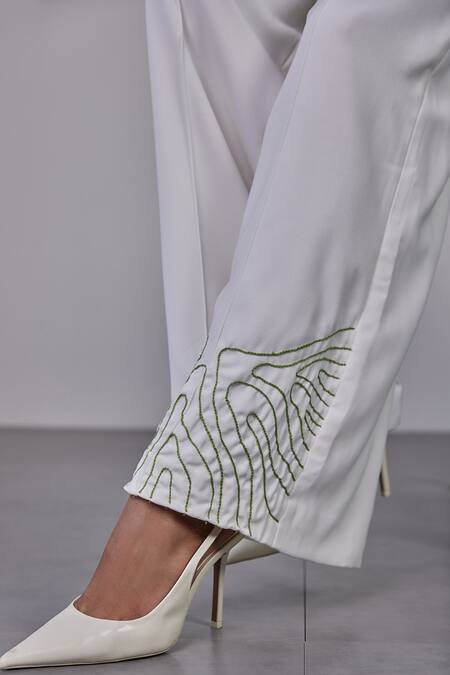 Maenaam_White Polyester Beads, Embroidery Round Neck Iris Blazer Set_Online_at_Aza_Fashions