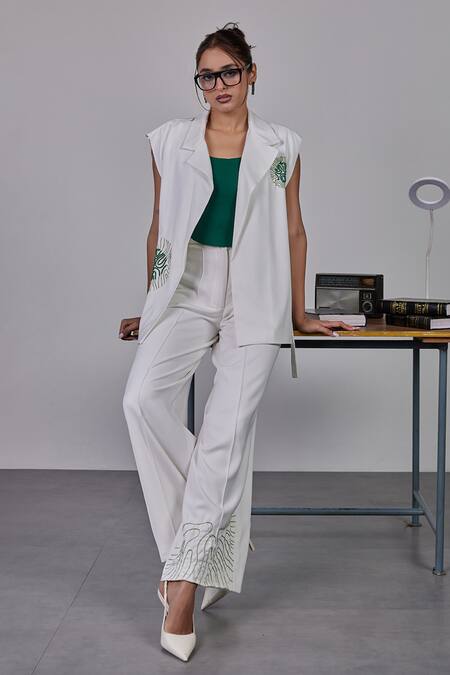 Shop_Maenaam_White Polyester Beads, Embroidery Round Neck Iris Blazer Set_Online_at_Aza_Fashions