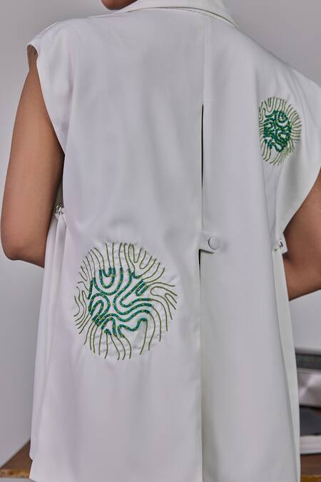 Maenaam_White Polyester Beads, Embroidery Round Neck Iris Blazer Set_at_Aza_Fashions