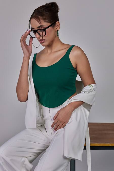 Buy_Maenaam_White Polyester Beads, Embroidery Round Neck Iris Blazer Set