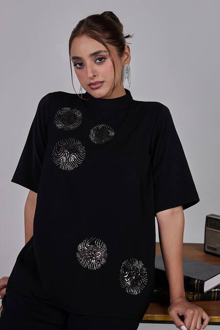 Shop_Maenaam_Black Polyester Embroidery High Neck High-neck Top With Embellishments_Online_at_Aza_Fashions