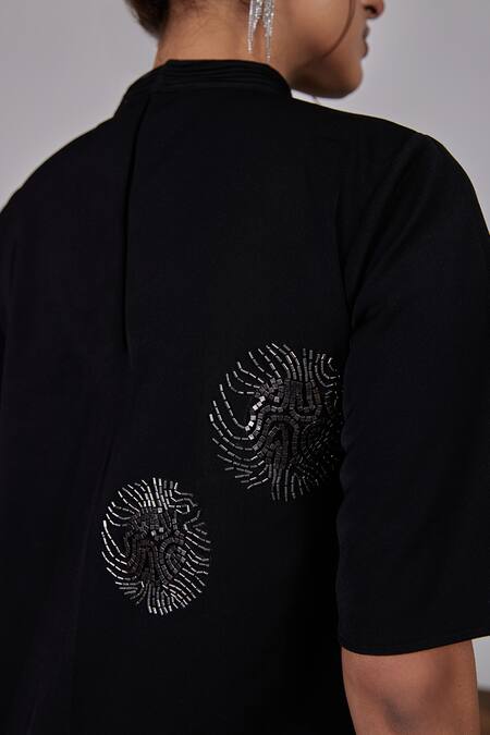 Maenaam_Black Polyester Embroidery High Neck High-neck Top With Embellishments_at_Aza_Fashions