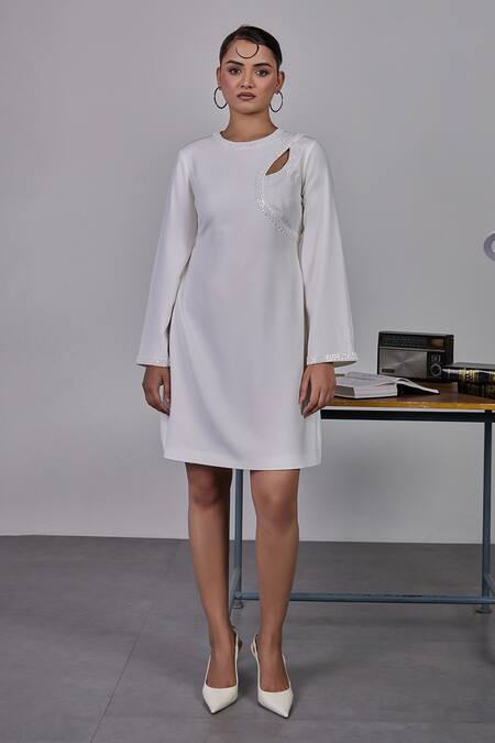 Shop_Maenaam_Ivory Polyester Embroidery Keyhole Neck Tia Full Sleeve Dress_Online_at_Aza_Fashions