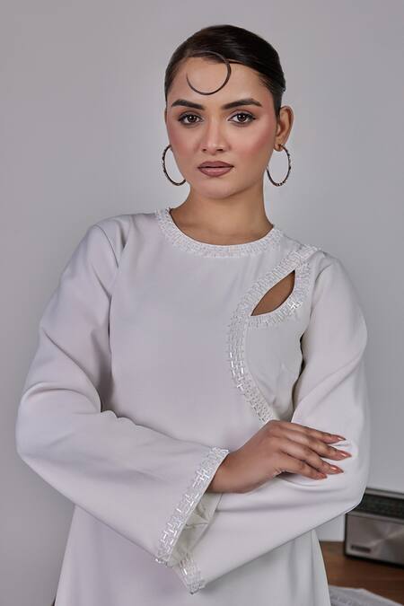 Maenaam_Ivory Polyester Embroidery Keyhole Neck Tia Full Sleeve Dress_at_Aza_Fashions