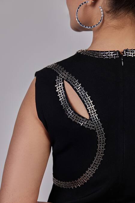 Shop Maenaam Black Polyester Metallic Thread Crew Tia Sleeveless Dress With Embellishments Online at Aza Fashions Shop_Maenaam_Black Polyester Metallic Thread Crew Tia Sleeveless Dress With Embellishments_Online_at_Aza_Fashions