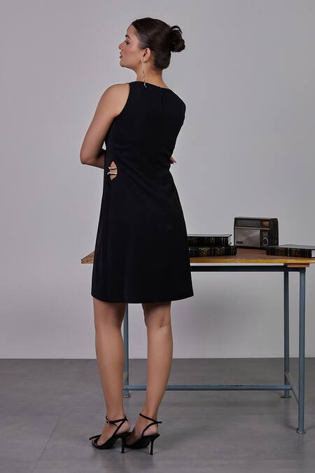 Buy_Maenaam_Black Polyester Rhinestones Round Neck Sleek Cut Out Dress_Online_at_Aza_Fashions