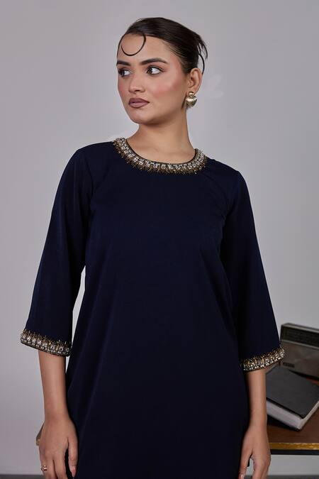 Maenaam_Navy Polyester Beads, Metallic Thread Round Blue Grace Set With Embellishments_Online_at_Aza_Fashions